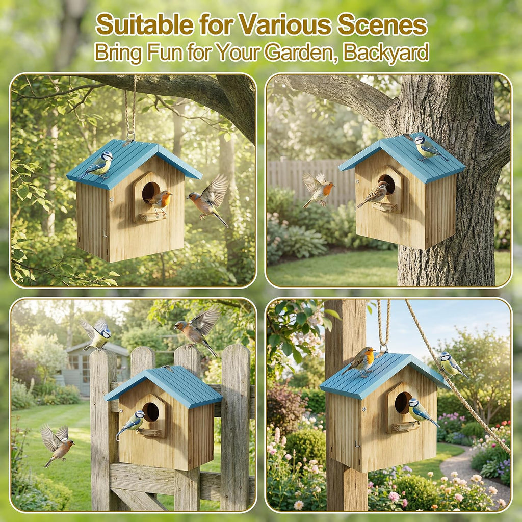 Bird House for Outside, Wooden Hanging Bird Nesting Box with Perch