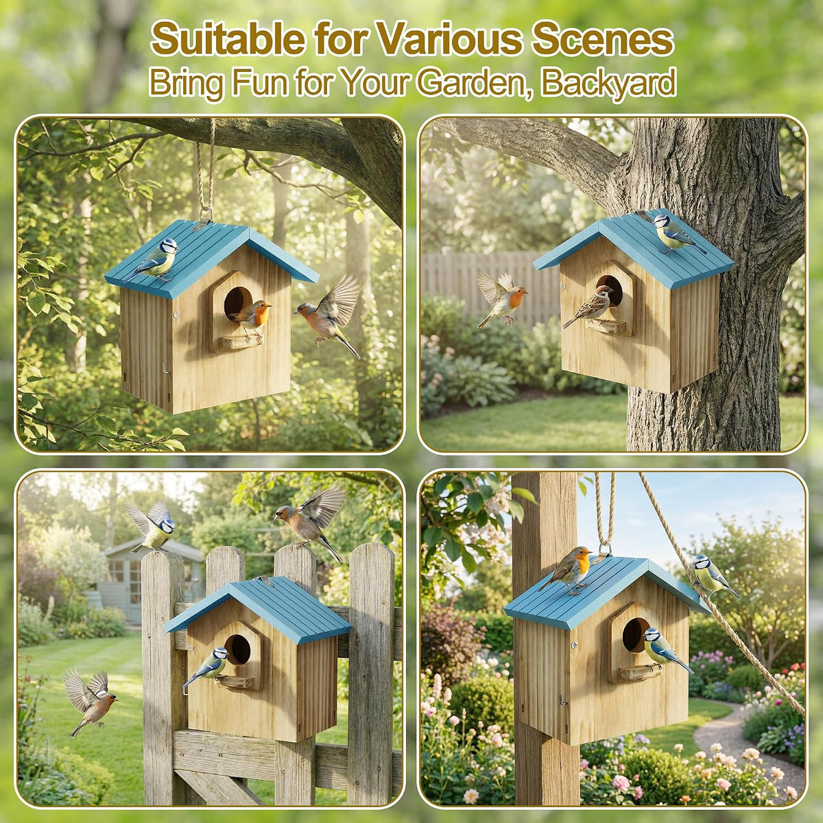 Bird House for Outside, Wooden Hanging Bird Nesting Box with Perch