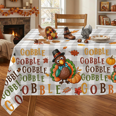 Thanksgiving Tablecloth 60x84 Inch, Grey Buffalo Plaid Turkey Gnome Table Cover, Fall Maple Leaf Pumpkin Gobble