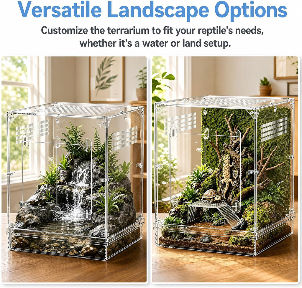 12x12x16 Acrylic Reptile Terrarium, Large Reptile Enclosure with Watertight Bottom, 10 Gallon Clear Reptile Tank with