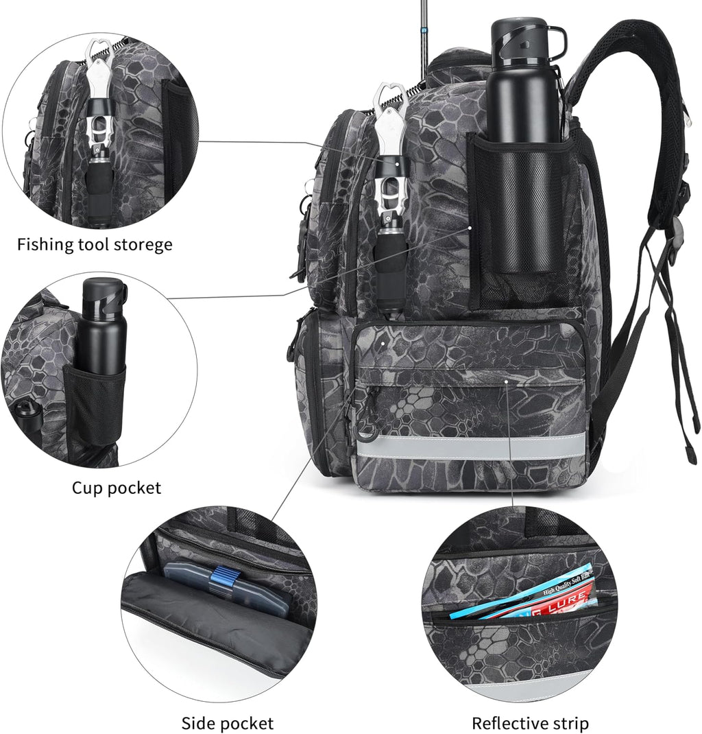 Fishing Tackle Backpack, 45L Storage Waterproof Travel Bag Store Fishing Gear with Insulated Top Pocket