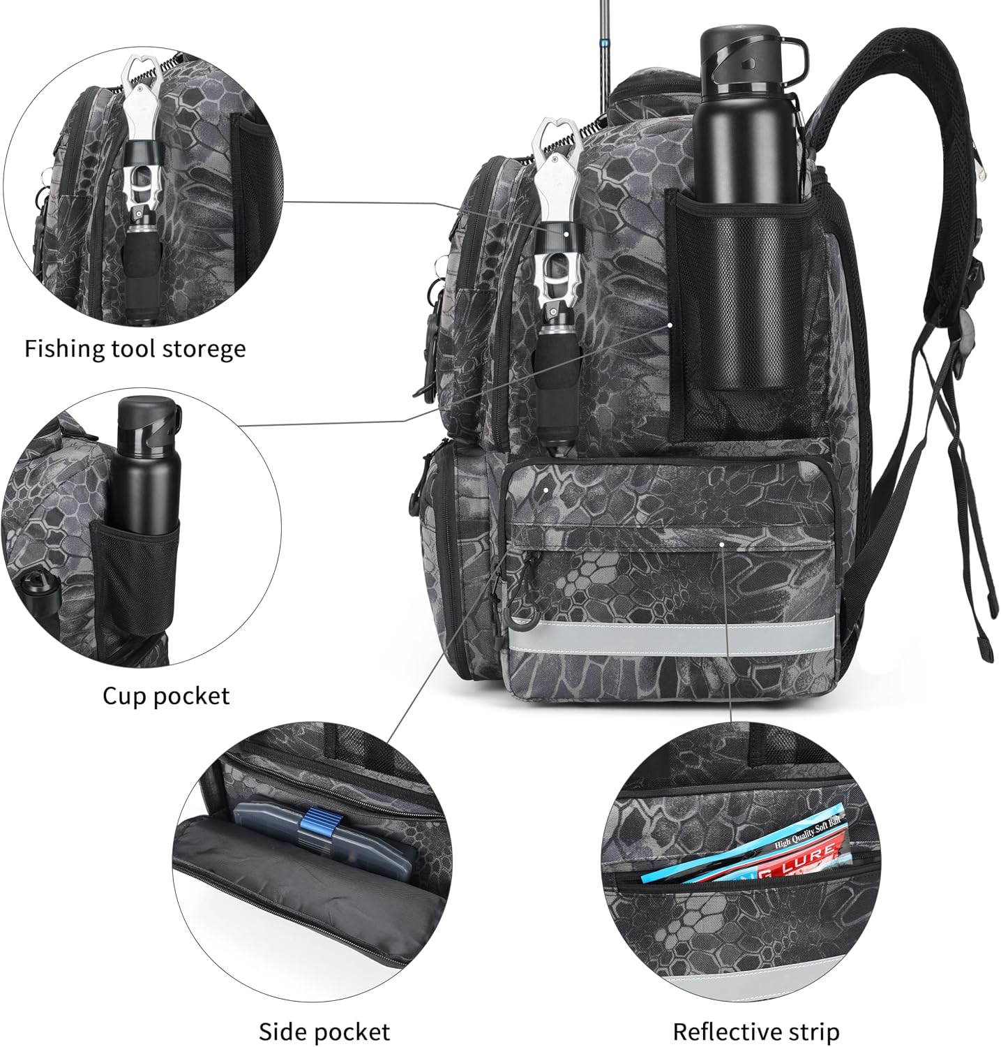 Fishing Tackle Backpack, 45L Storage Waterproof Travel Bag Store Fishing Gear with Insulated Top Pocket