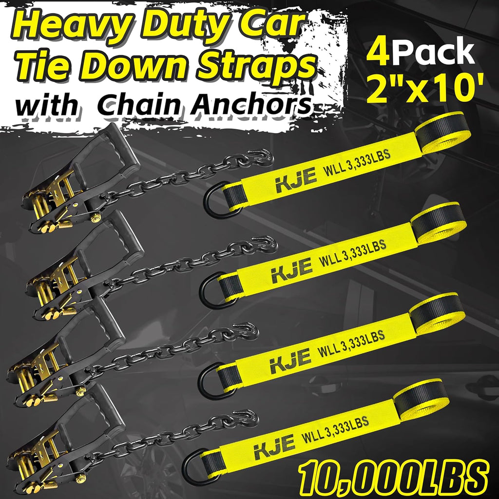 4 Pack Reflective Car Tie Down Straps for Trailers - Tire Ratchet Strap with Chain Anchors - 2" x 10' 10,000LBS Break