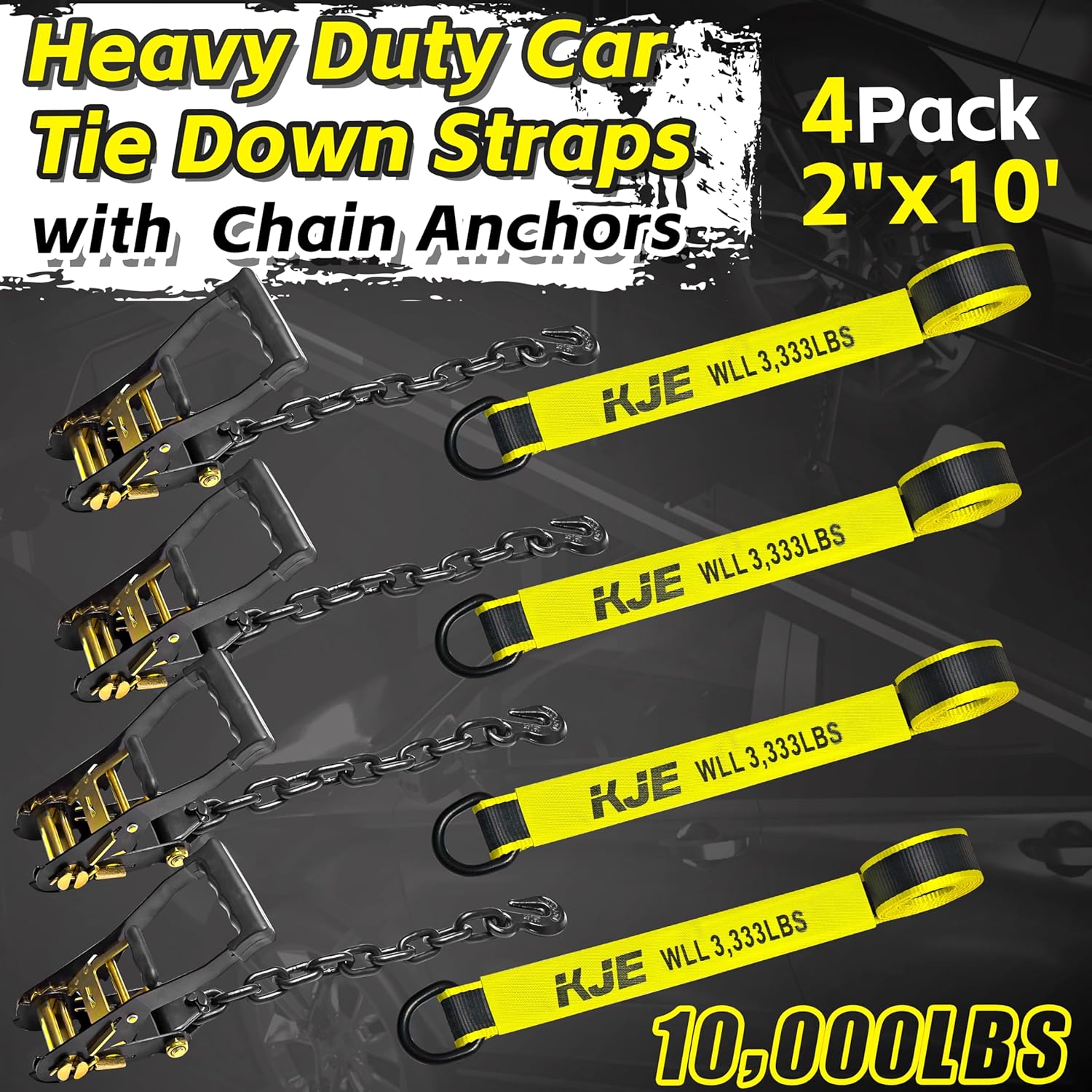 4 Pack Reflective Car Tie Down Straps for Trailers - Tire Ratchet Strap with Chain Anchors - 2" x 10' 10,000LBS Break