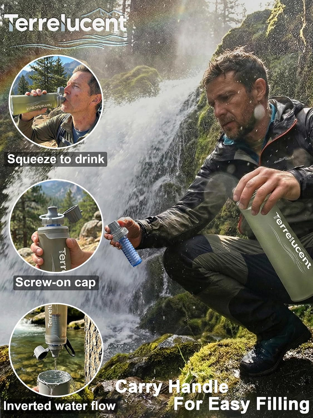 Collapsible Water Filter Bottle with Carabiner, 750ml | Gray, 0.1 μm Hollow Fiber Membrane & Activated Carbon