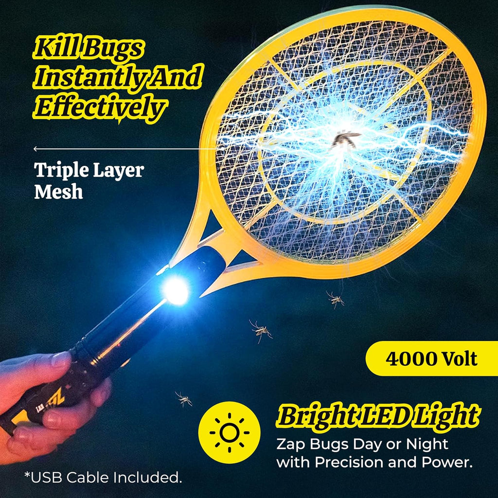 Rechargeable Electric Fly Swatter Racket - 4,000-Volt Mosquito Zapper with USB Charging Cable and Super-Bright LED