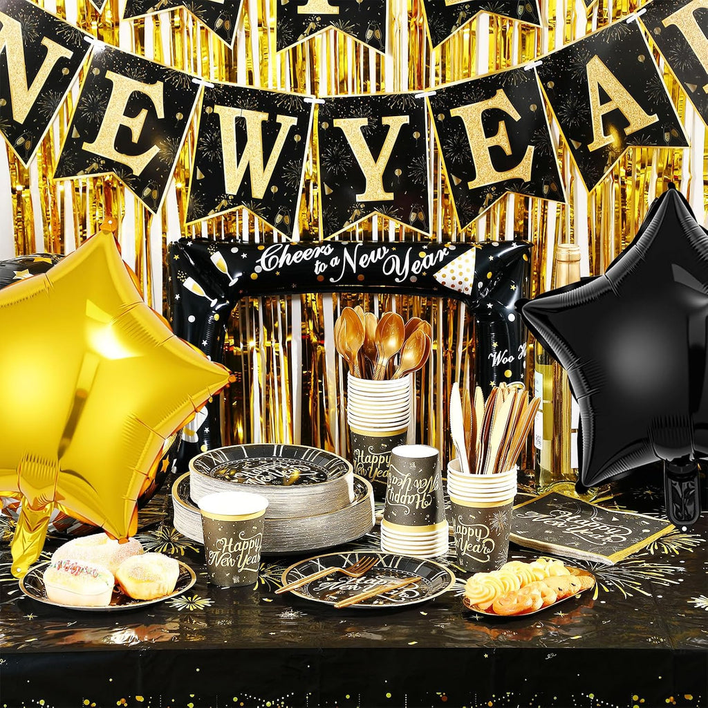 209 Pcs 2026 New Years Eve Party Supplies for 24 Guests Black Gold Tableware Set with Plates Napkins Plastic