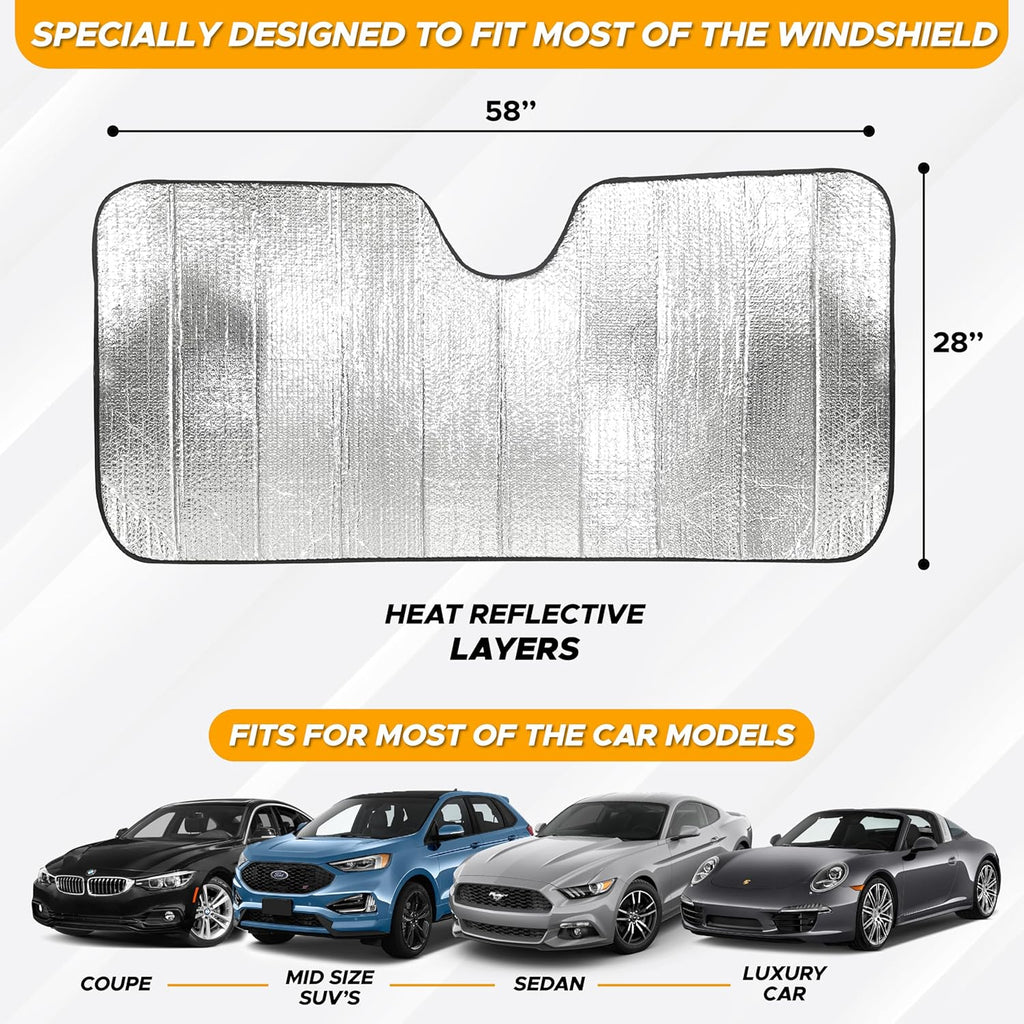 Accordion Foldable Windshield Sun Shade | Premium Reflective Sun Visor for SUVs & Pickups Windshields | UV & Heat
