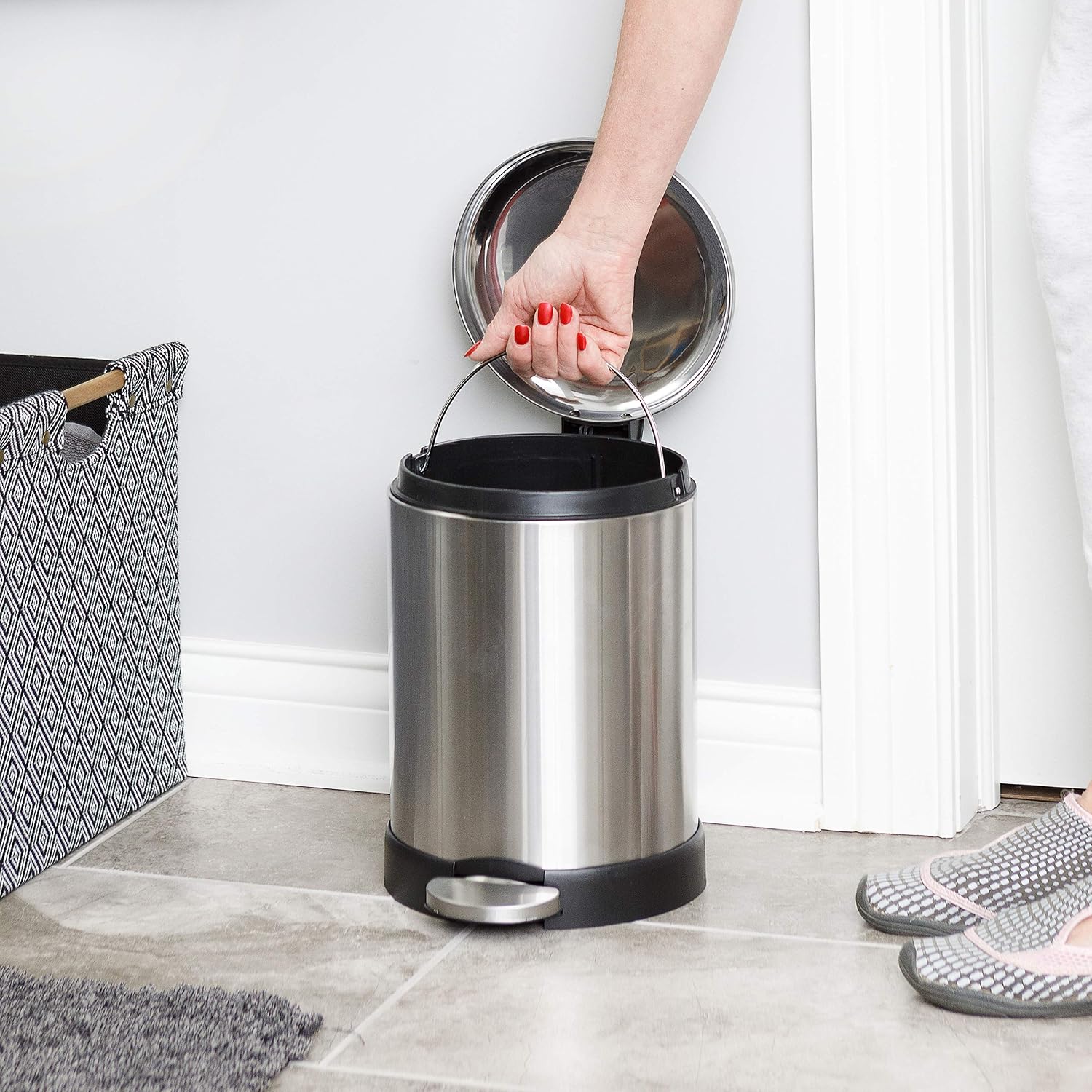 Small Trash Can, 1.2 Gallon | Round Stainless Steel Garbage Bin with Soft Close Lid & Step Foot Pedal | Metal Waste