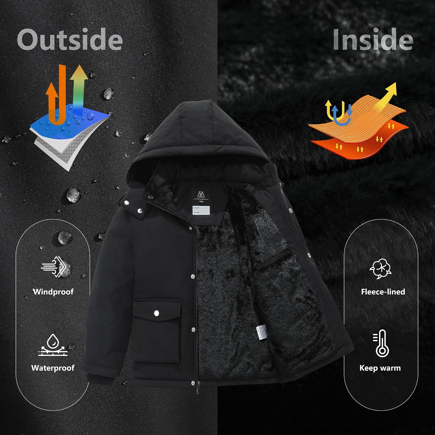 Boy's Winter Coat Waterproof Puffer Jacket| Warm Windbreak Parka | Thicken Fleece Lining Hooded Down Outerwear for Kids