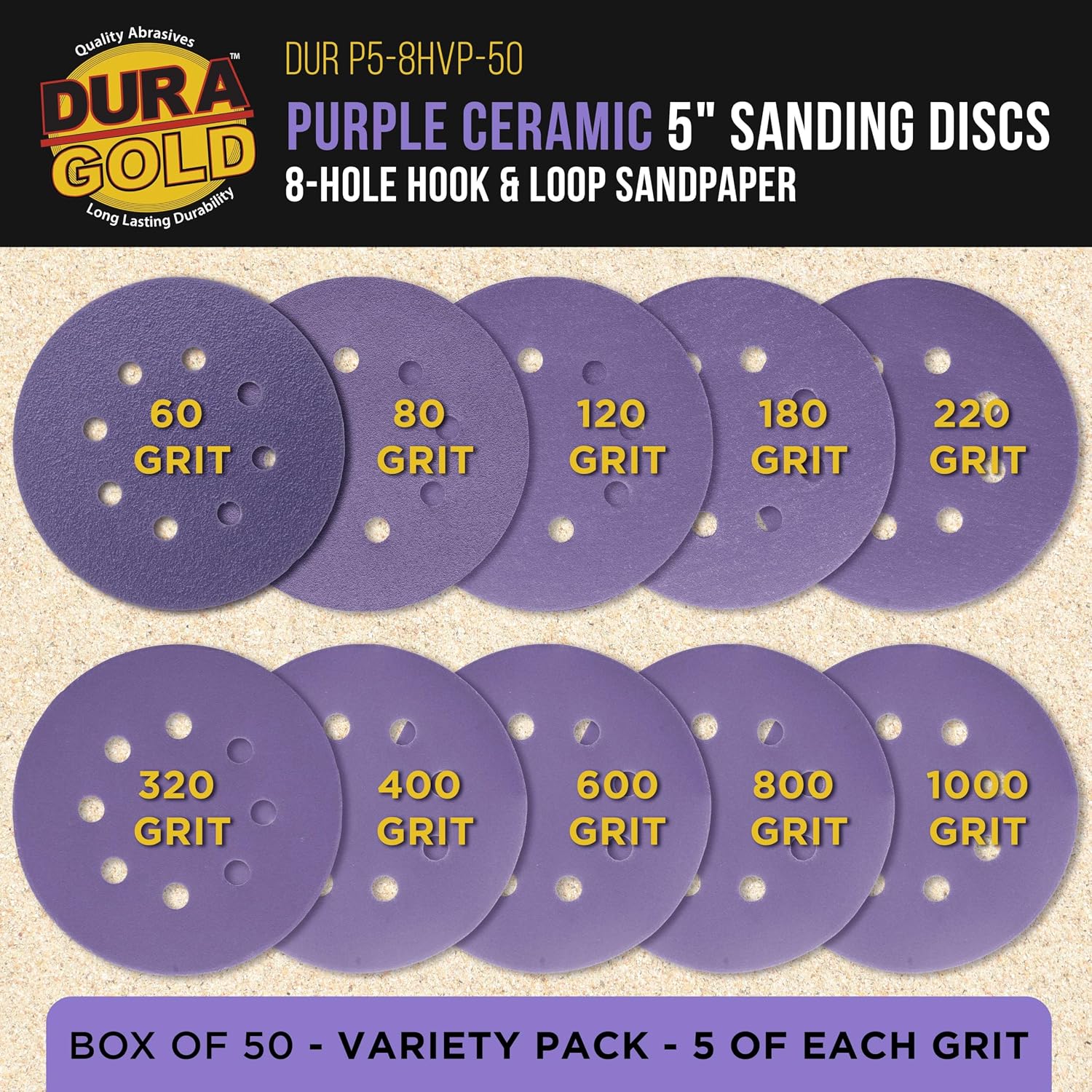 Premium 5" Purple Film Ceramic Sanding Discs, 8-Hole Pattern, 50 Disc Variety Pack, Grits 60, 80, 120, 180, 220, 320