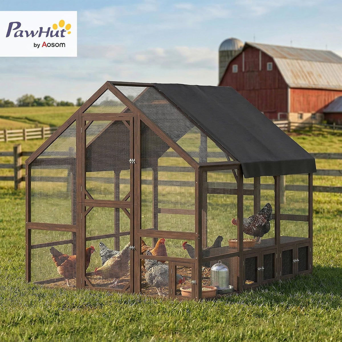 Large Wooden Chicken Coop for 8-10 Hens 83" x 73" x 73" Dark Brown