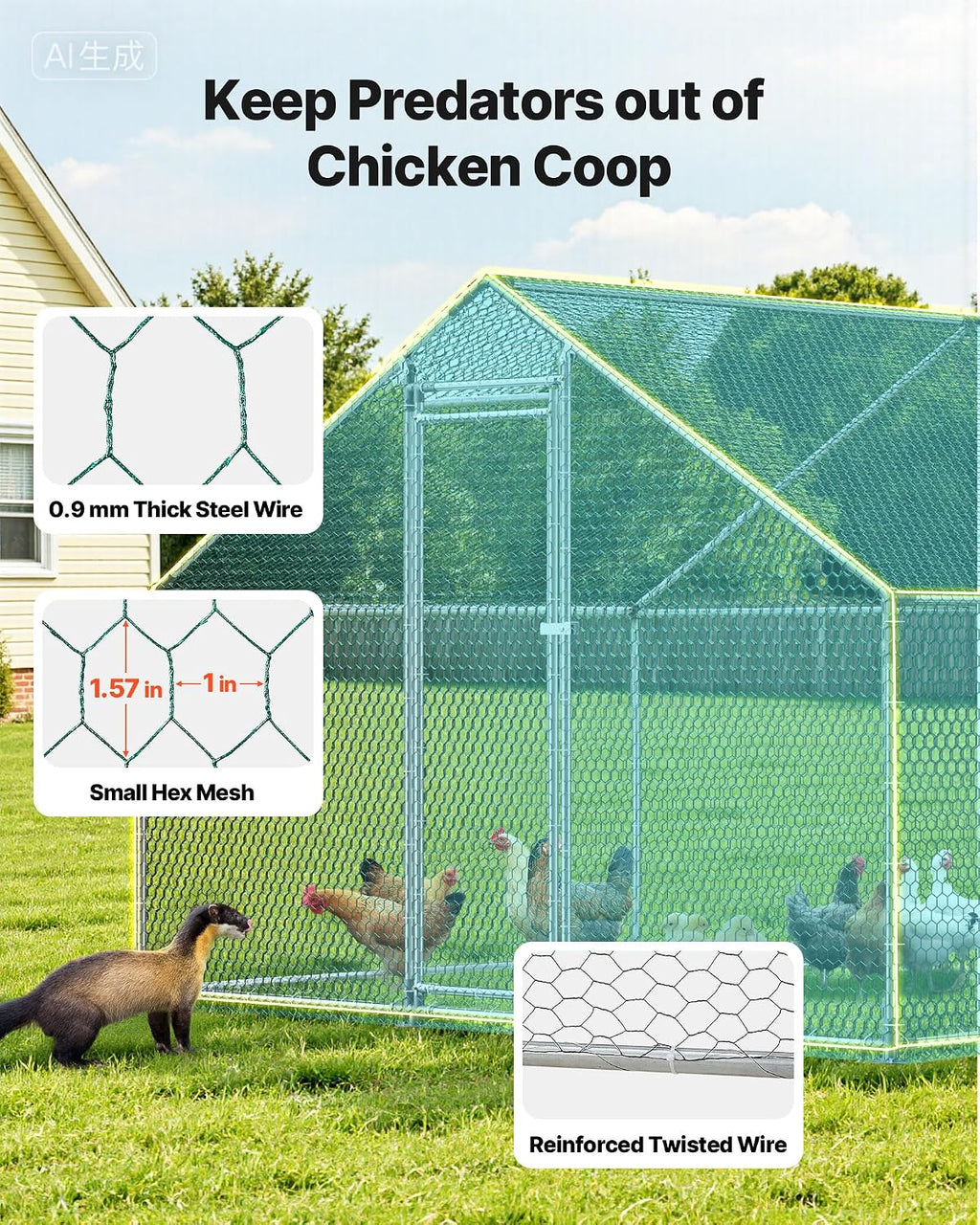 Large Metal Chicken Coop, 19.7x9.8x6.5ft Walk-in Chicken Runs for Yard with Cover, Spire Roof Hen House with Security