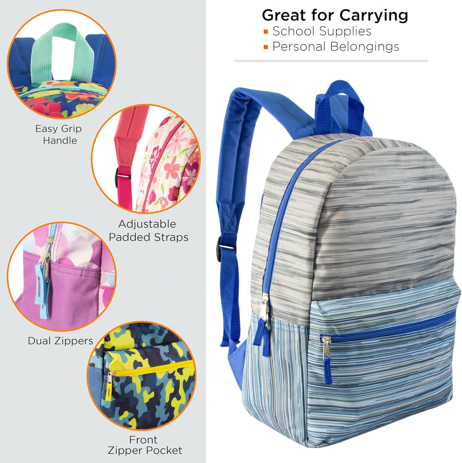 17" School Backpacks for Kids - Backpacks in Bulk for Elementary, Middle, and High School Students in Assorted Colors