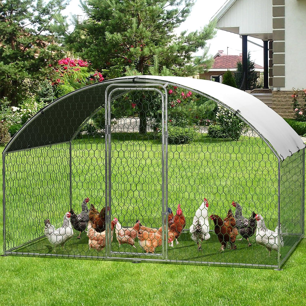 Metal Chicken Run, 9.8 x 6.5 x 6.5 Ft Metal Chicken Coop for Yard with Waterproof and Anti-Ultraviolet Cover, Dome