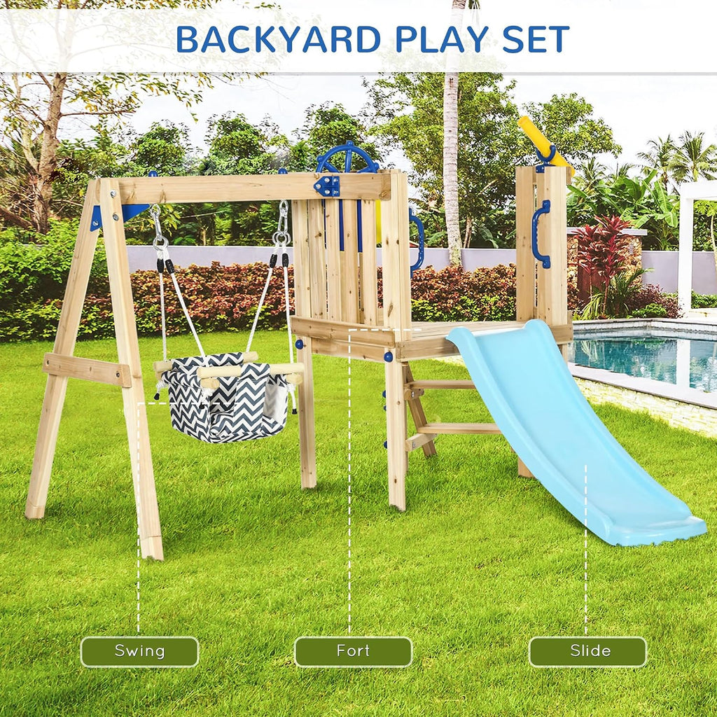 Swing Set for Backyard Wooden Toddler Playset Ages 1.5-4 Natural | Outdoor Playset, Baby Swing Seat, Kids Slide