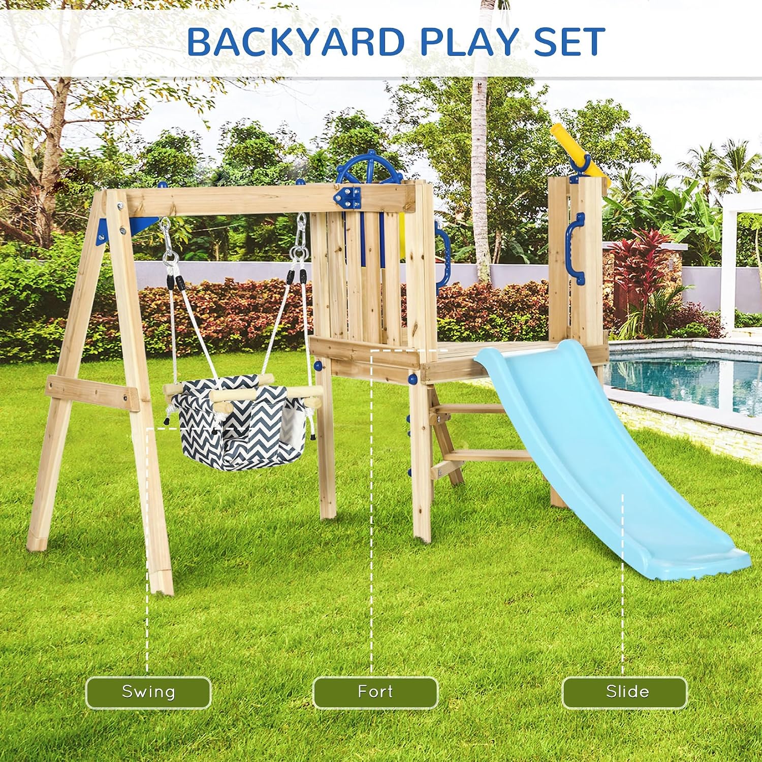 Swing Set for Backyard Wooden Toddler Playset Ages 1.5-4 Natural | Outdoor Playset, Baby Swing Seat, Kids Slide