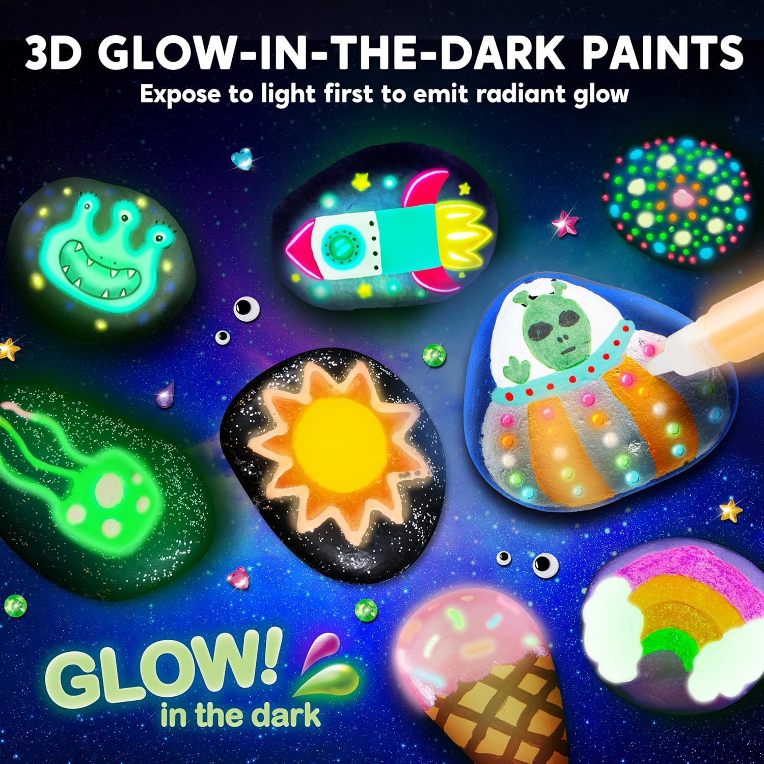 Rock Painting Kit- Glow in The Dark Rock Kit, Arts and Crafts for Kids Ages 6-12, Art Supplies Toy, Kids Craft Paint