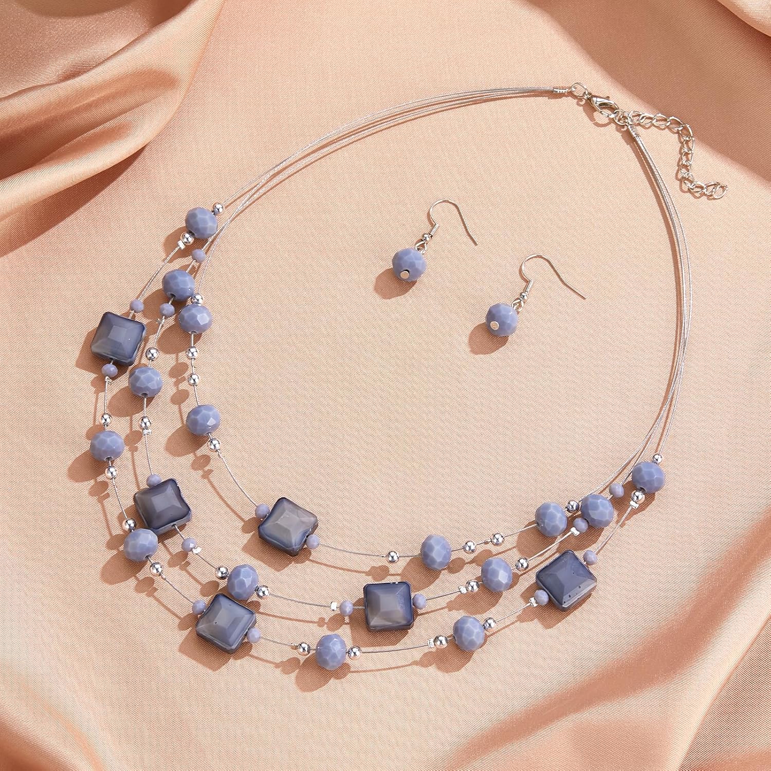 Layered Silver Beaded Necklace for Women Square Crystal Beads Statement Collar Necklace and Earrings Fashion Costumes