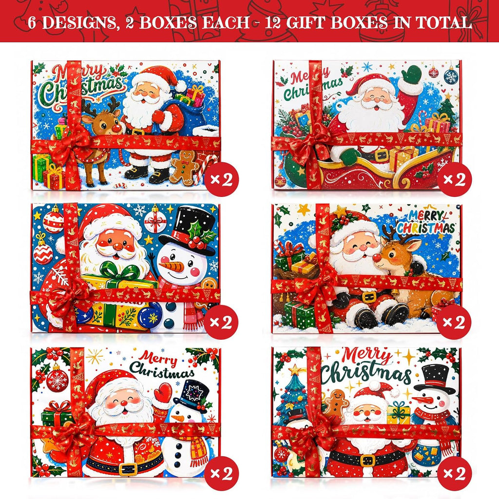 12 Pack Christmas Gift Boxes with Lids, with 16.4 Yd Foil Ribbon
