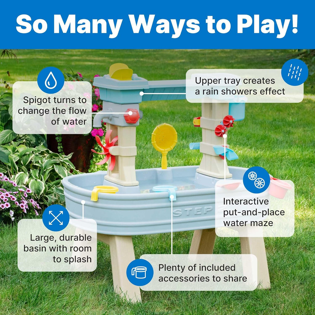 Step2 Rain Showers & Flow Kids Water Table, Outdoor Toddler Activity Table, 15-Piece Accessory Set, Ages 1.5+ Years