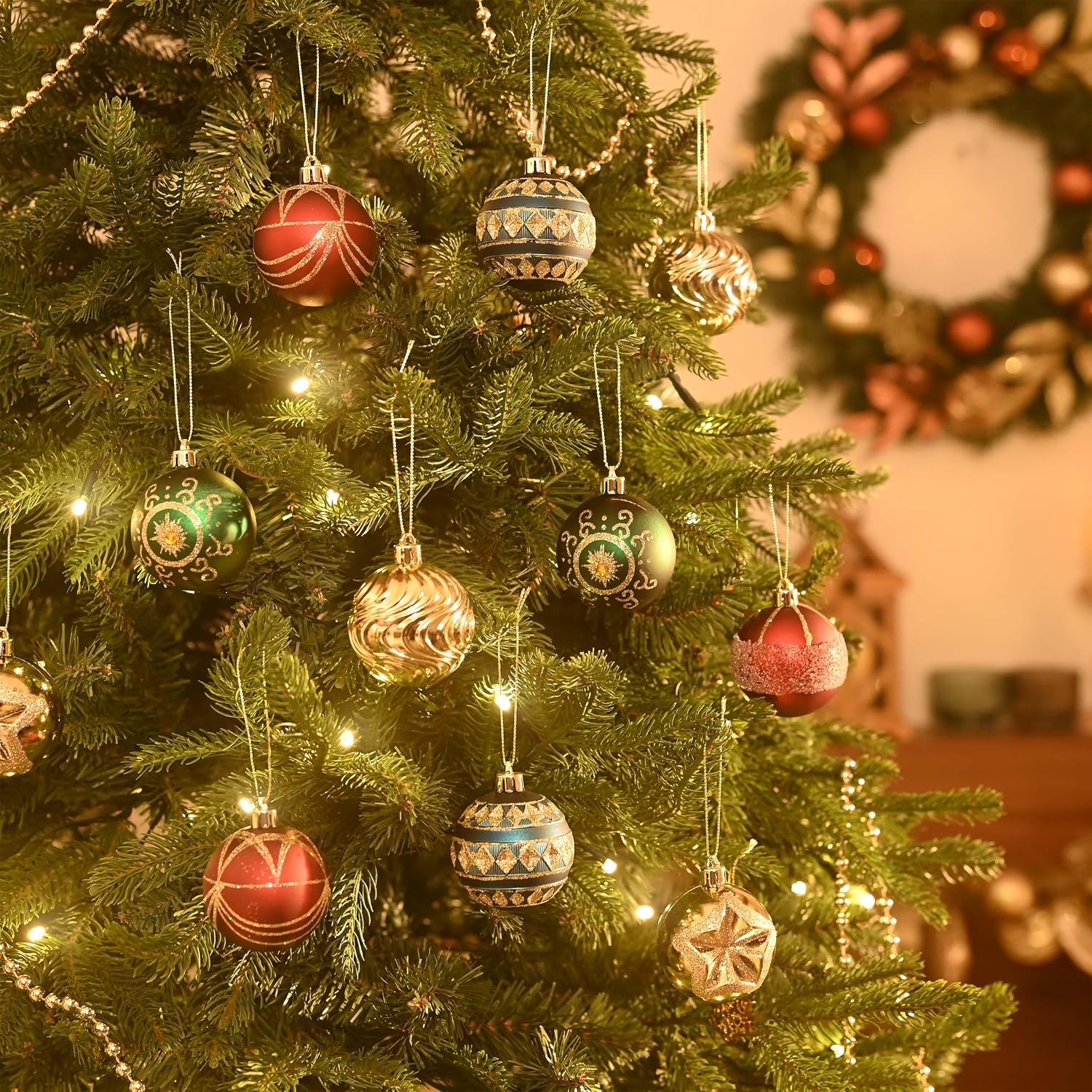 Ornaments for Christmas Tree Decorations, 16ct 2.36 Inches Red Green Blue and Gold Shatterproof Christmas Ornaments