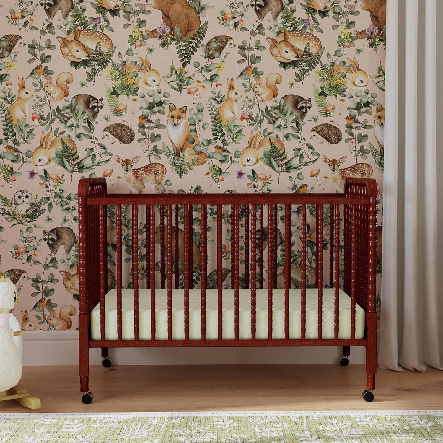 Jenny Lind 3-in-1 Convertible Crib in Rich Cherry, Removable Wheels, Greenguard Gold Certified
