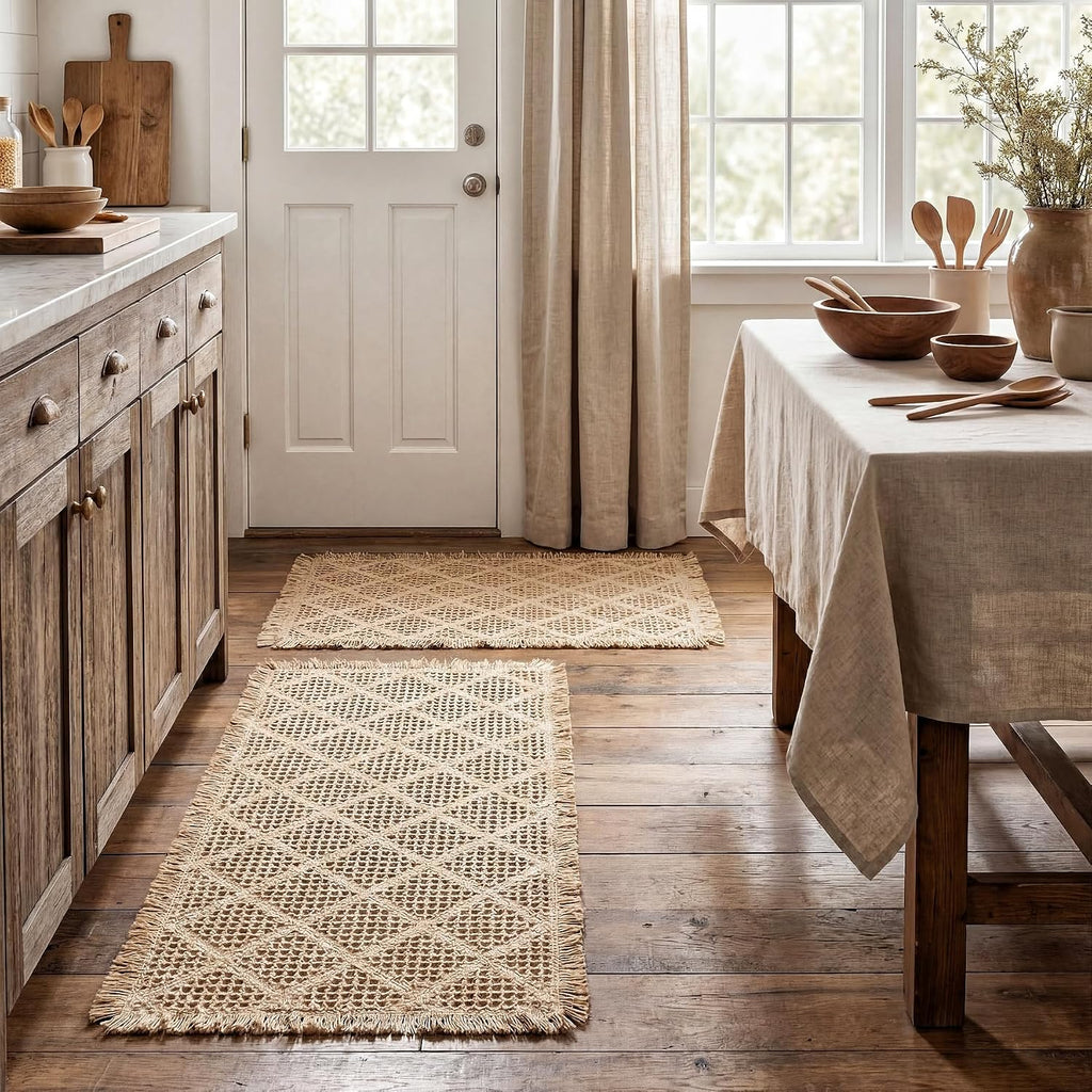 Set of 2 Upgraded Diamond Pattern Waffle Bathroom Rugs, Boho Bath Rugs Rubber Backing Non Slip, Absorbent Machine