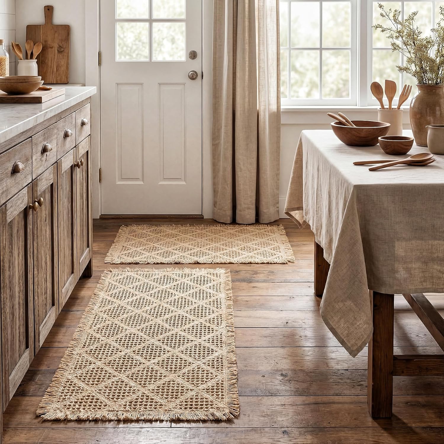 Set of 2 Upgraded Diamond Pattern Waffle Bathroom Rugs, Boho Bath Rugs Rubber Backing Non Slip, Absorbent Machine