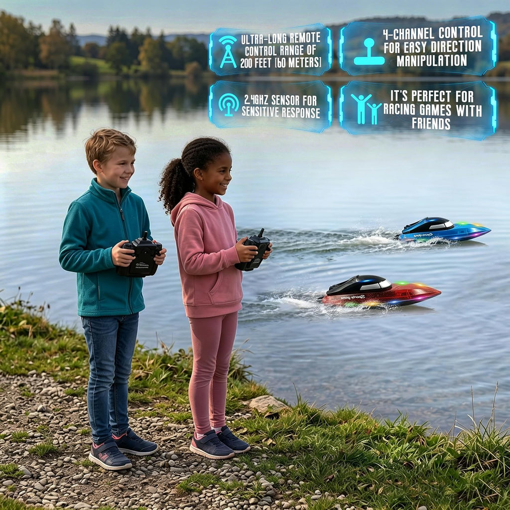 Remote Control Boat with 1800mAh Battery, Clear RC Boat with 10 LED Lights | 100 Min+ Auto Reverse 2.4 GHz Double