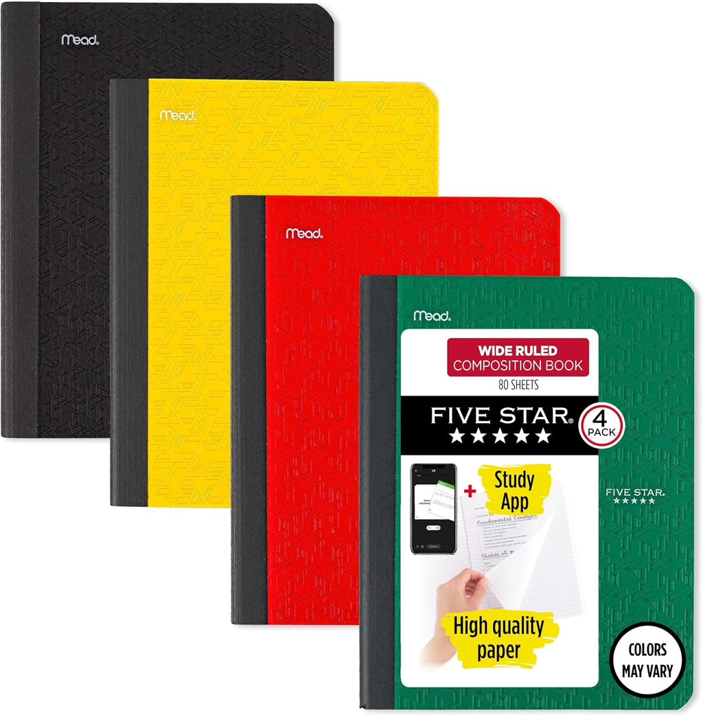 Composition Book + Study App, 4 Pack, Wide Ruled Paper, 7-1/2" x 9-3/4", 80 Sheets, Forest Green, Tidewater Blue