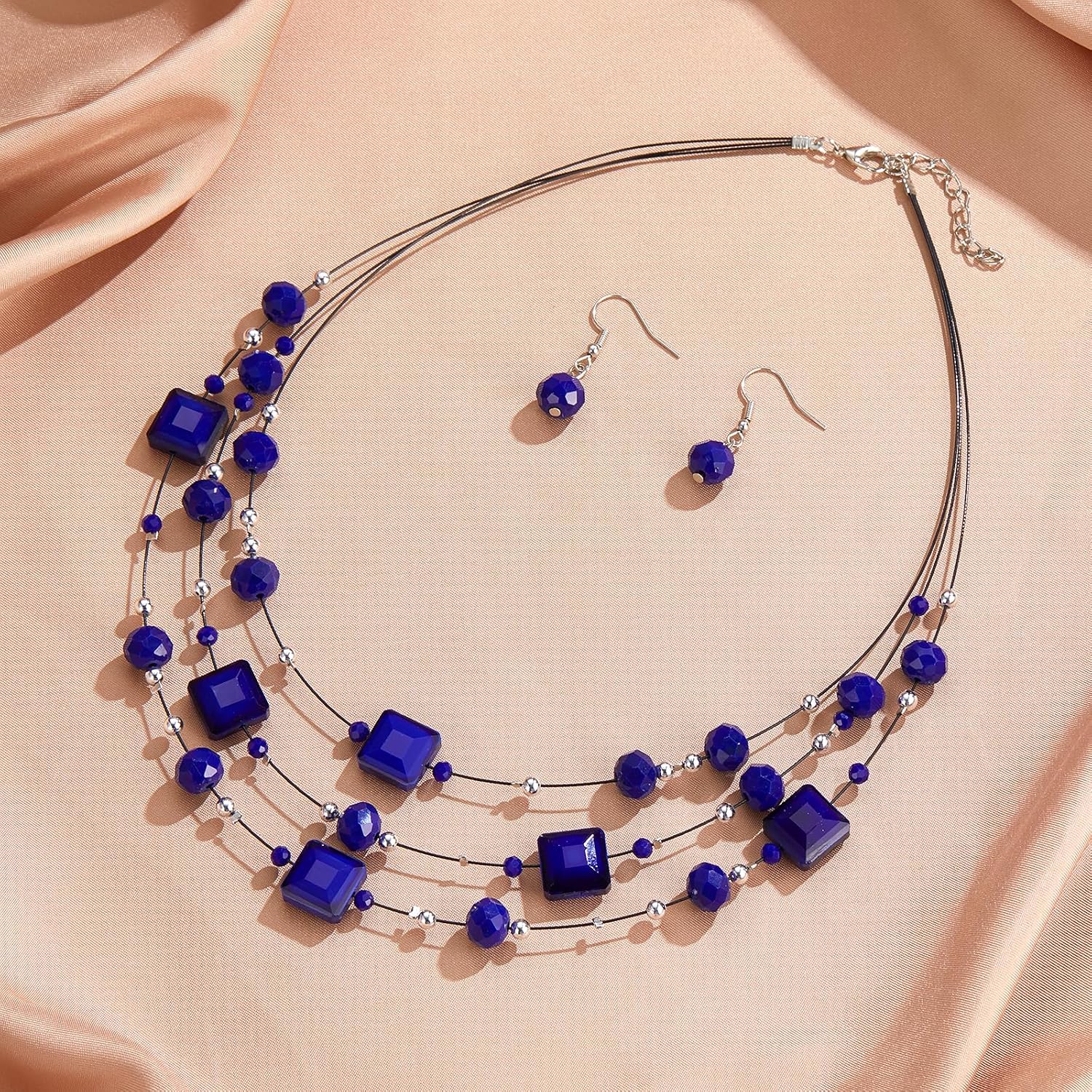 Layered Silver Beaded Necklace for Women Square Crystal Beads Statement Collar Necklace and Earrings Fashion Costumes