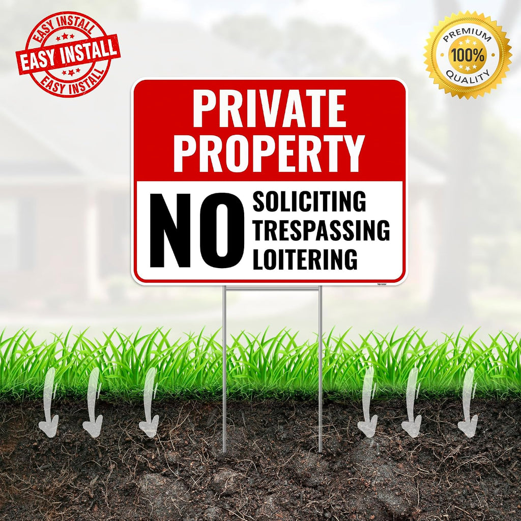 2PC Private Property No Soliciting Trespassing Loitering Signs with Metal Stakes, 12"x9" - Corrugated Plastic - No
