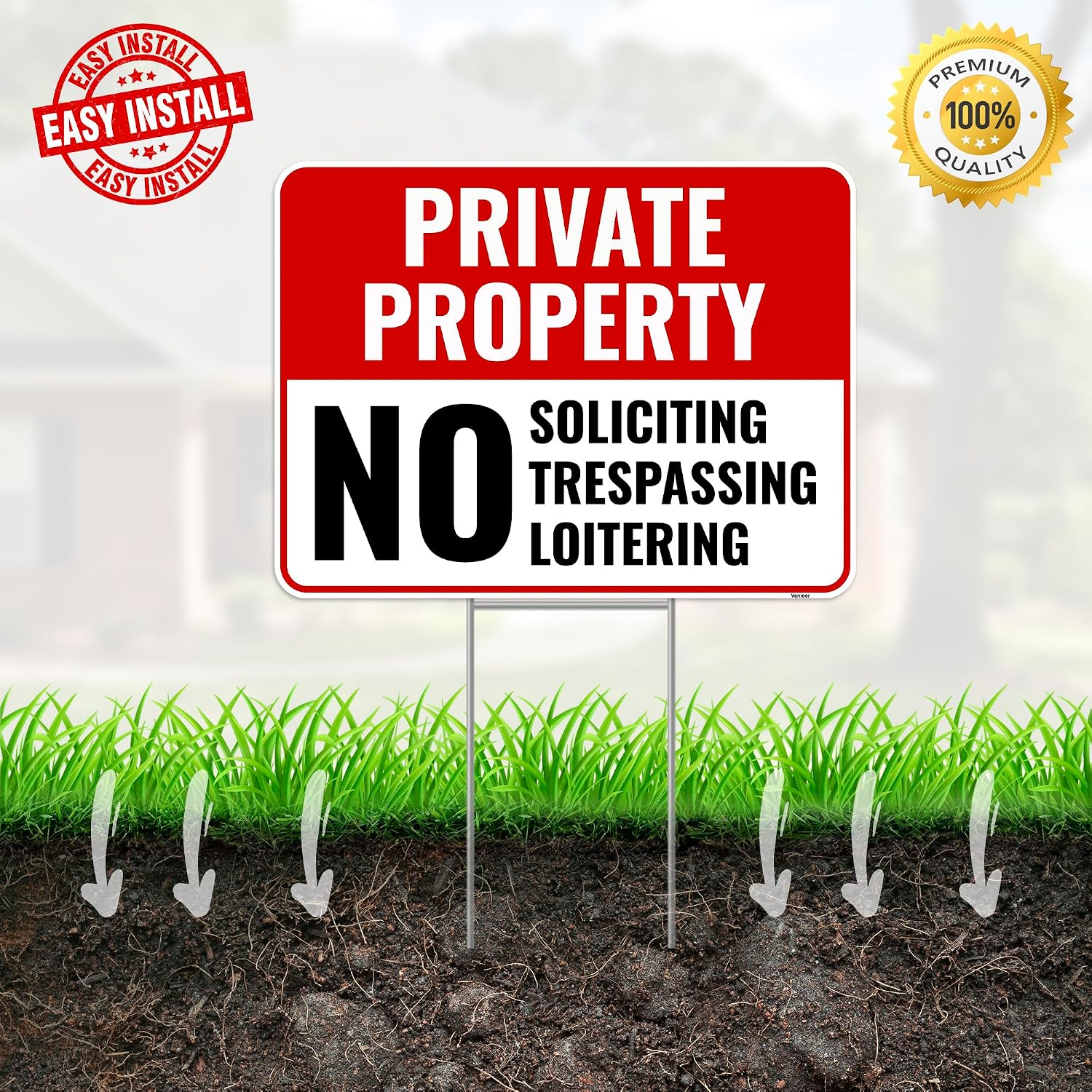 2PC Private Property No Soliciting Trespassing Loitering Signs with Metal Stakes, 12"x9" - Corrugated Plastic - No