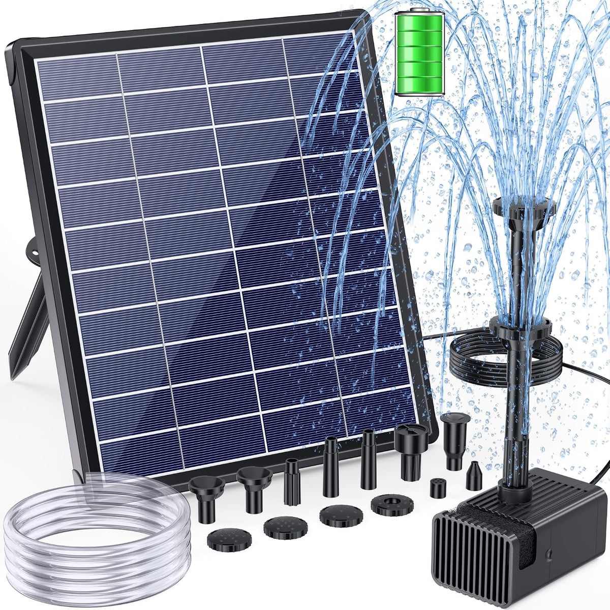 6.5W Solar Fountain Pump for Bird Bath Built-in 3000mAh Battery Backup, DIY Solar Water Fountain with Double-Layer