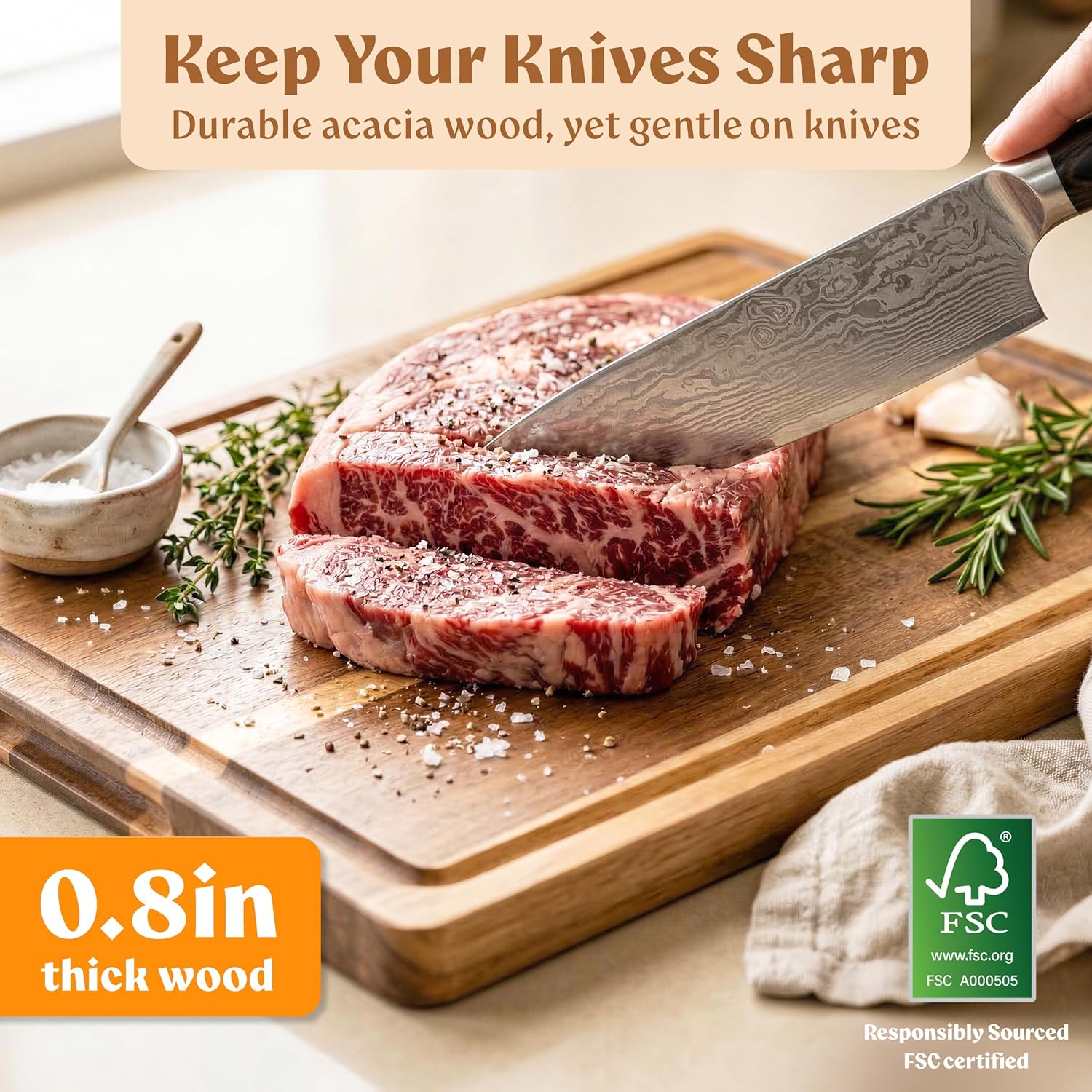 Acacia Wood Cutting Board for Kitchen, Non-Toxic Cutting Board Set of 3, Chopping Boards with Deep Juice Groove for
