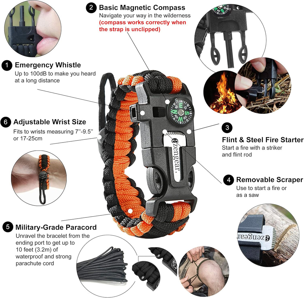 Paracord Survival Bracelet (2 Pack) Fire Starter, Whistle, Compass | 5-in-1 emergency kit, scouts gift set