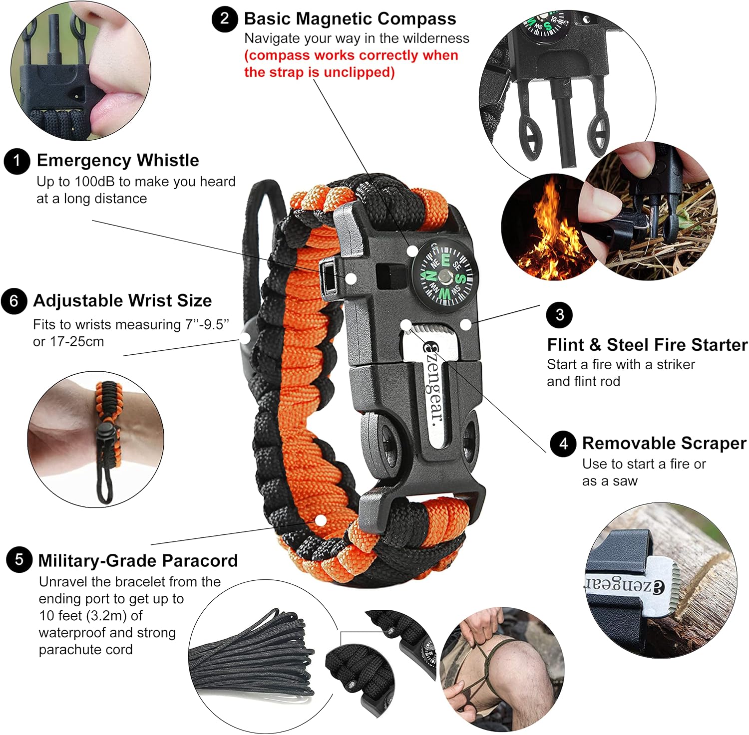 Paracord Survival Bracelet (2 Pack) Fire Starter, Whistle, Compass | 5-in-1 emergency kit, scouts gift set