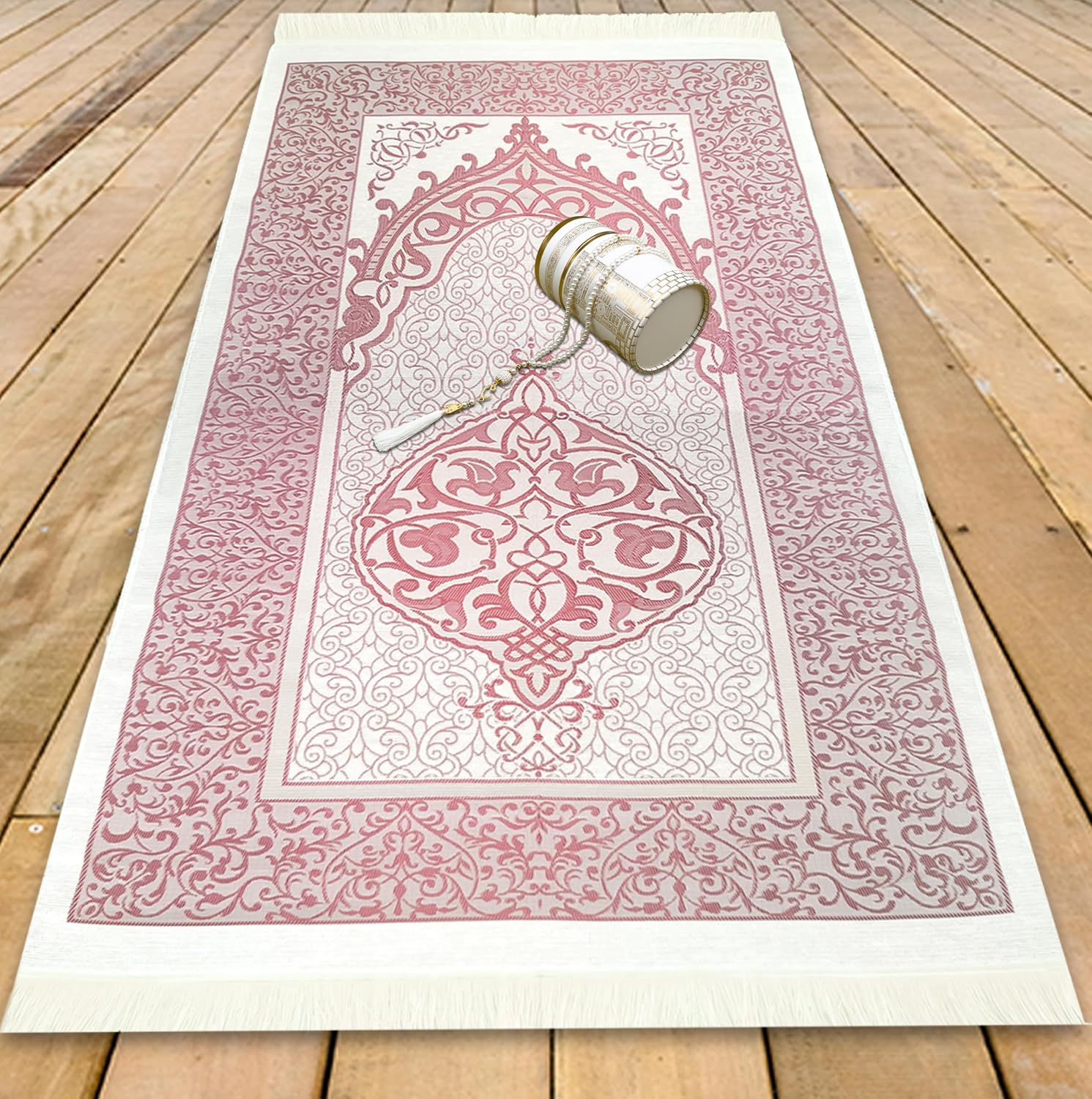 Muslim Prayer Rug Islam and Beads, Kaabe Design Box Eid Ramadan Gifts Islamic Set Carnal Salah Mat Taffeta Fabric