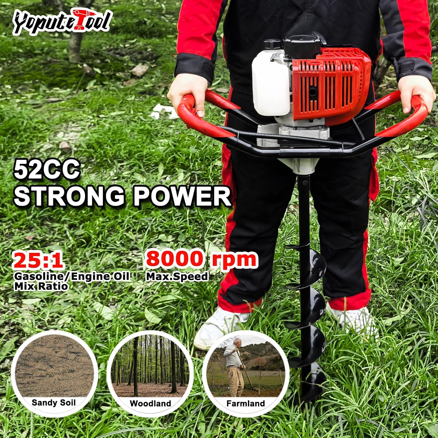 52cc Gas Post Hole Digger 1800W with 3 Bits & 3 Extensions | 52cc 2-Stroke, 1800W/8000RPM, 3 Bits (4/6/8"), 3