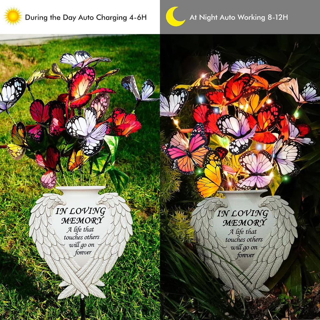 Solar Angel Wing Memorial Stake - Metal Silhouette Grave Decorations for Cemetery - Flat Outdoor Sympathy Gift with
