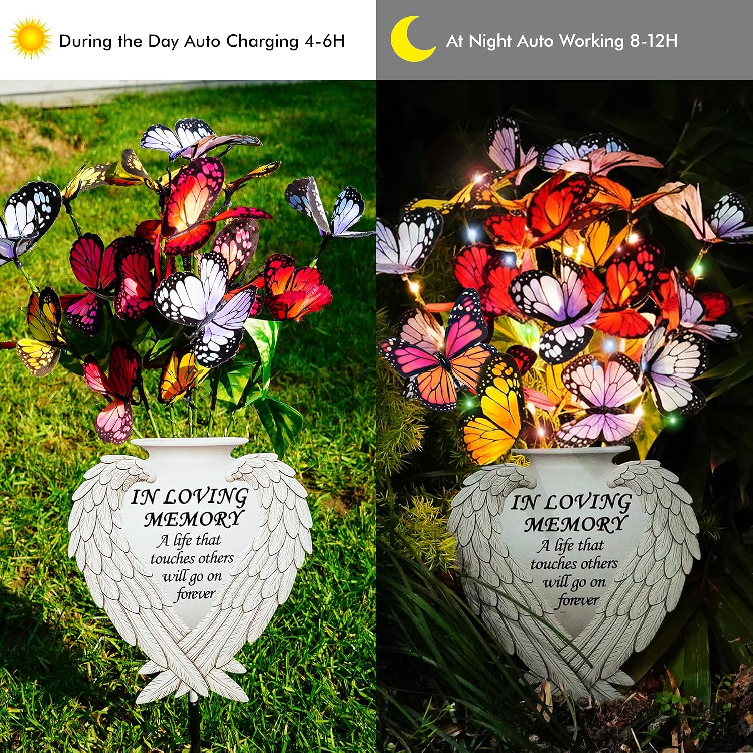 Solar Angel Wing Memorial Stake - Metal Silhouette Grave Decorations for Cemetery - Flat Outdoor Sympathy Gift with