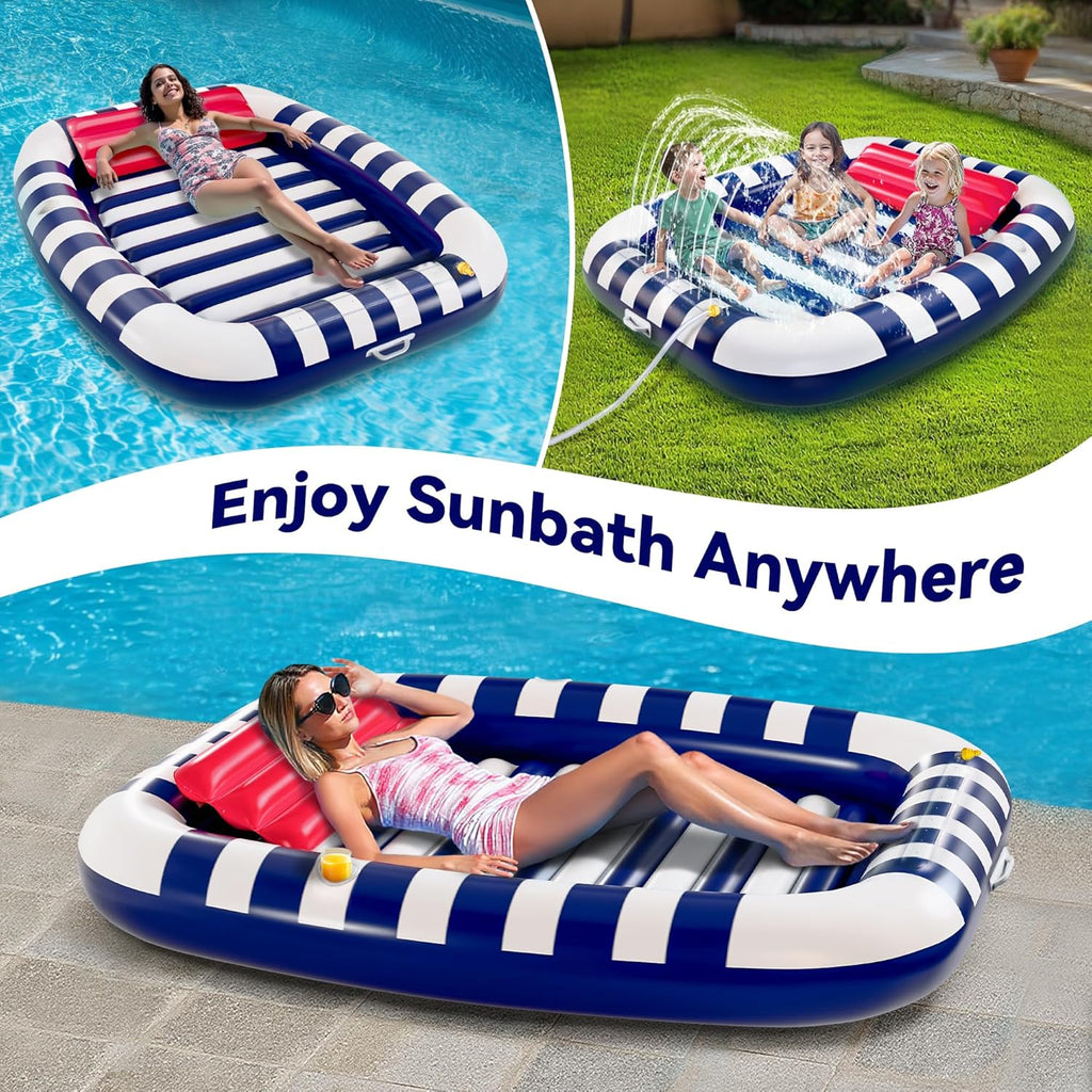 Pool Wave Inflatable Pool Lounger Floats W/Water Sprinkler, 80" x 66" Large Tanning Bed for Adult Kids, Outdoor Sun