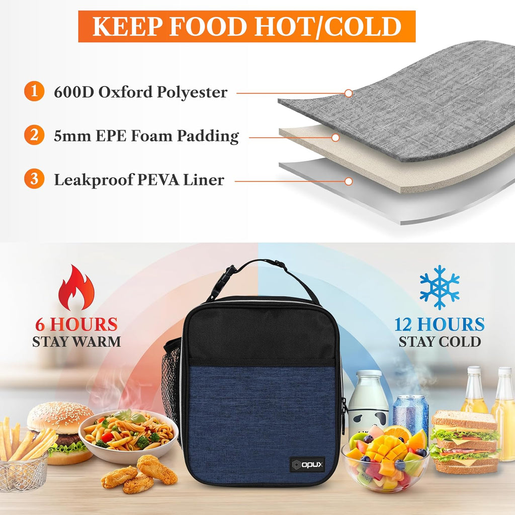 Insulated Lunch Bag for Kids Boys Girls, Small Compact Lunch Box with Wide Opening & Mesh Pockets, Reusable Lunch
