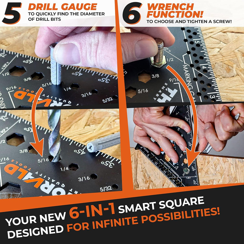 6-in-1 Carpenter Square 7 inch (1/16" Precision) T Square Multi-Purpose Carpenter Tools : Wrench, Square, Protractor