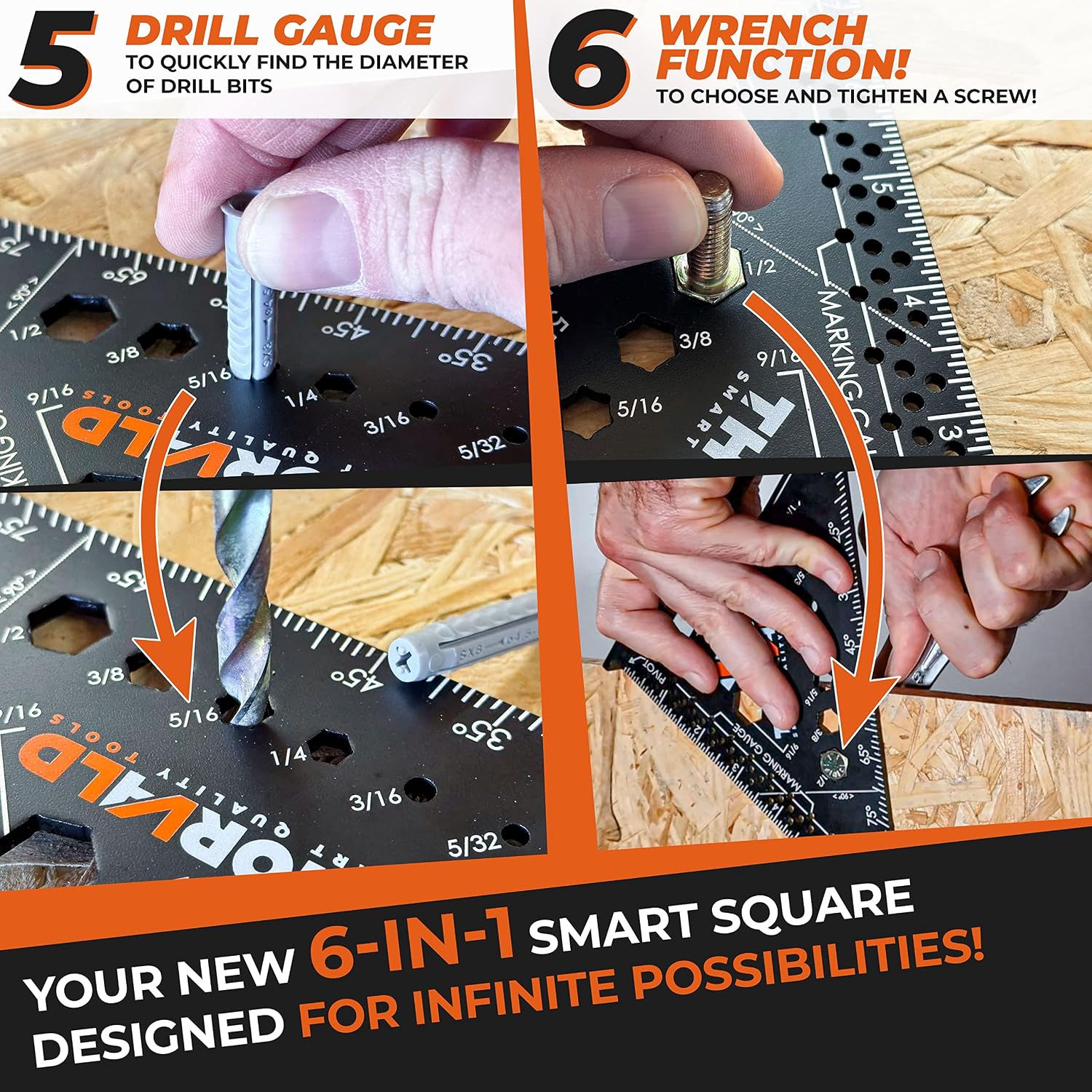 6-in-1 Carpenter Square 7 inch (1/16" Precision) - T Square Multi-Purpose Carpenter Tools : Wrench, Square