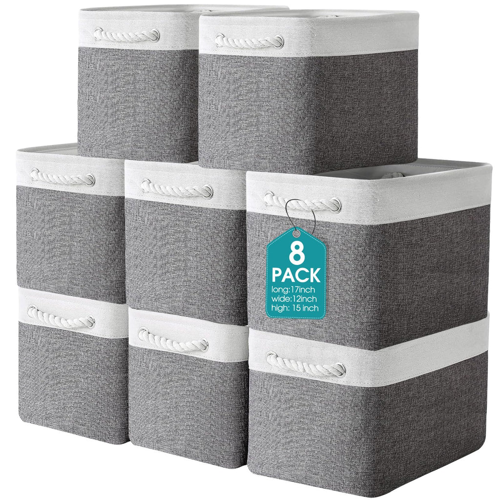 8 Pack Fabric Storage Bins Baskets, 17 x 12 x 15 in, Gray White