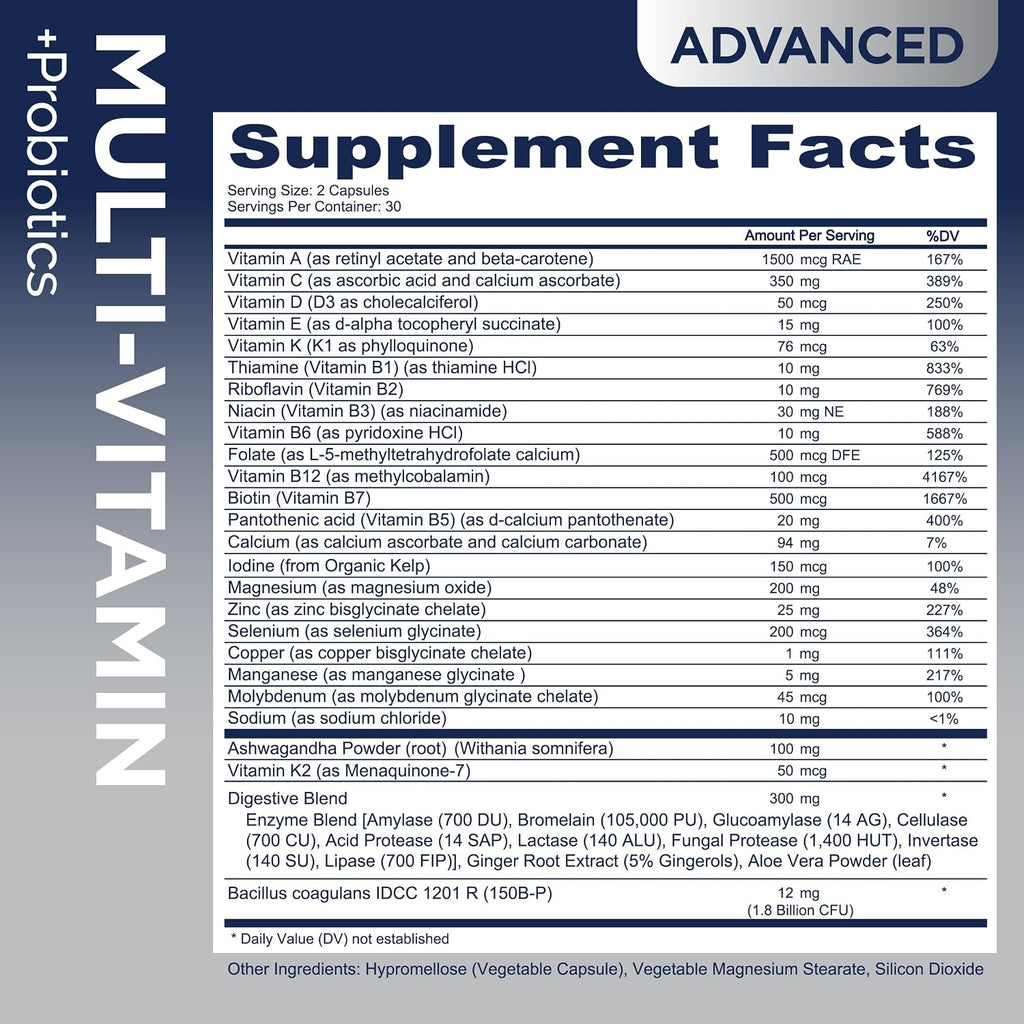 Advanced Multivitamin – Daily Essential Vitamins and Minerals + Probiotics for GLP-1 Support, Gut Health, Stress &