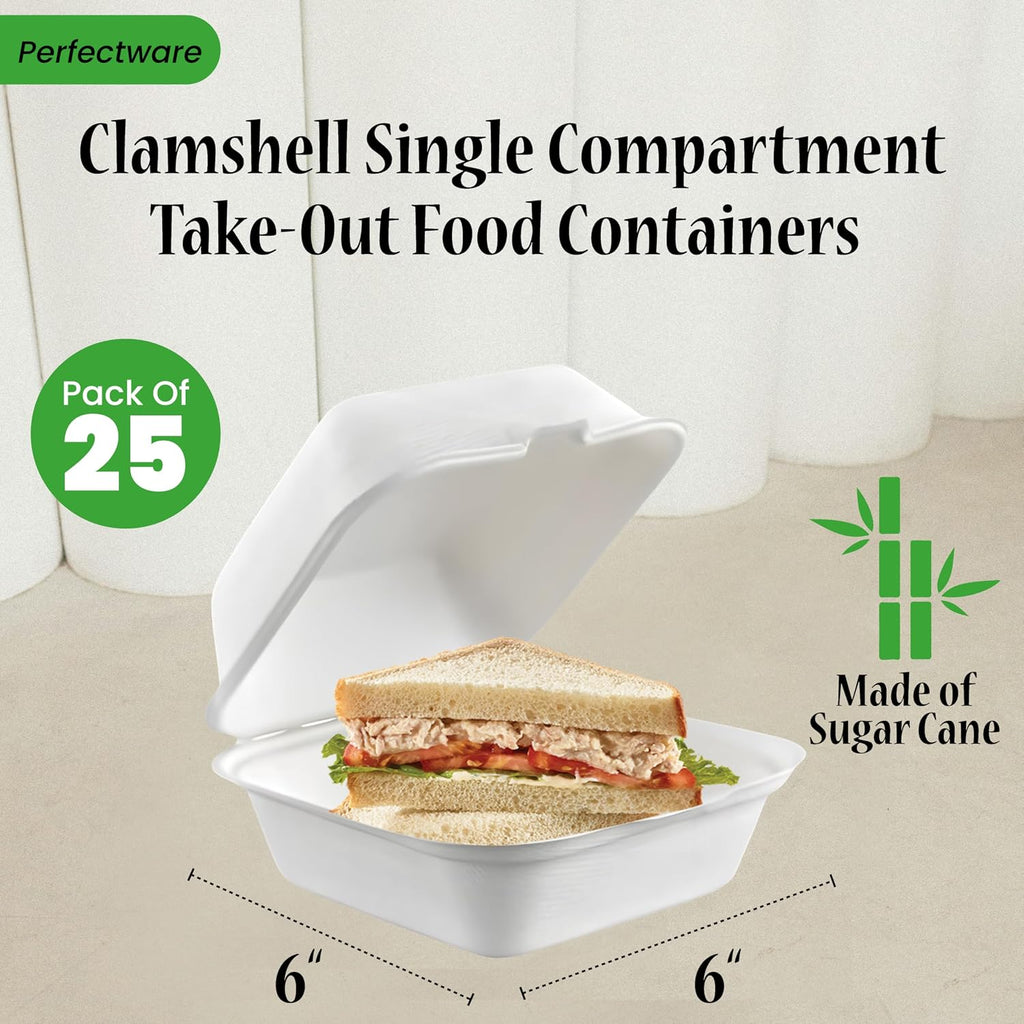 100% Compostable Clamshell Single Compartment Take Out Food Containers 6x6". 25 Containers, Natural Disposable