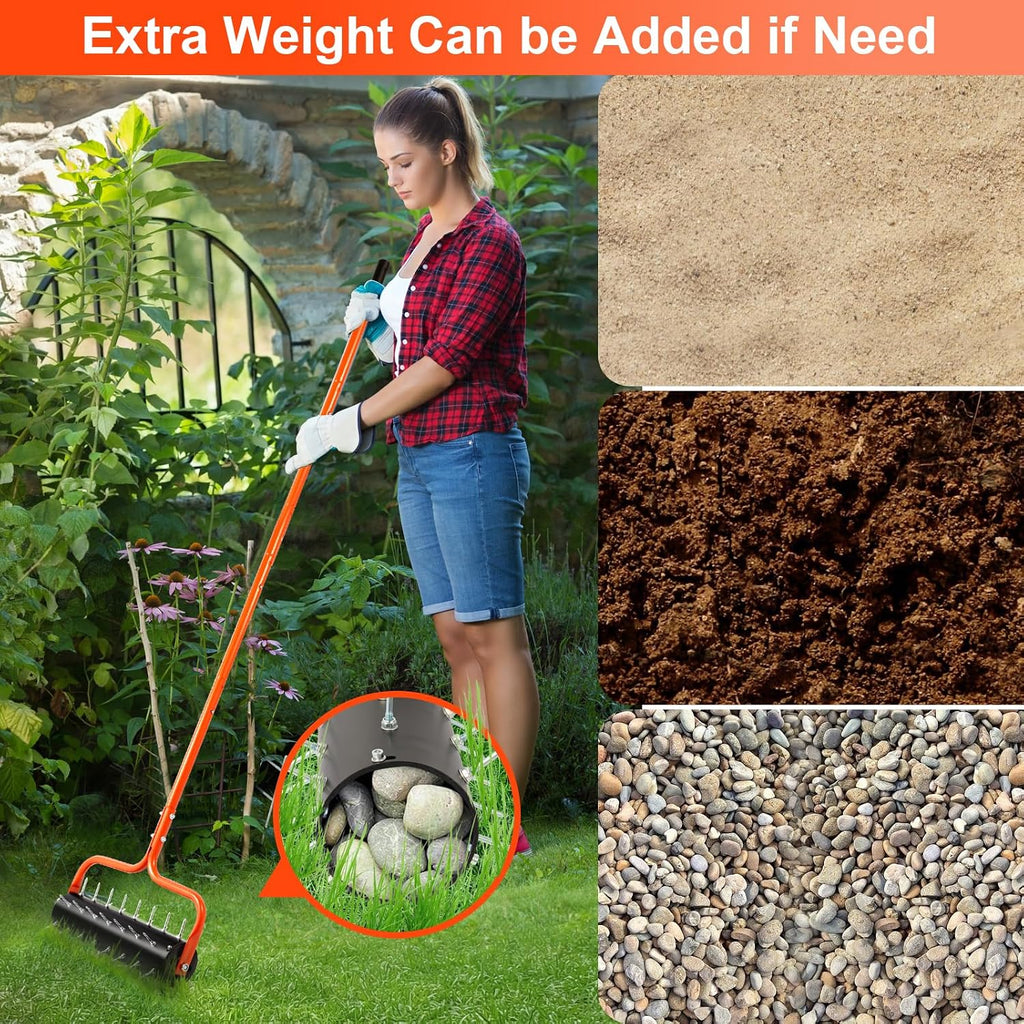 Rolling Lawn Aerator, 21" Soil Penetrator push Aerator for lawn,Preasembled Spike Garden Aerator Tool, 75" Adjustable